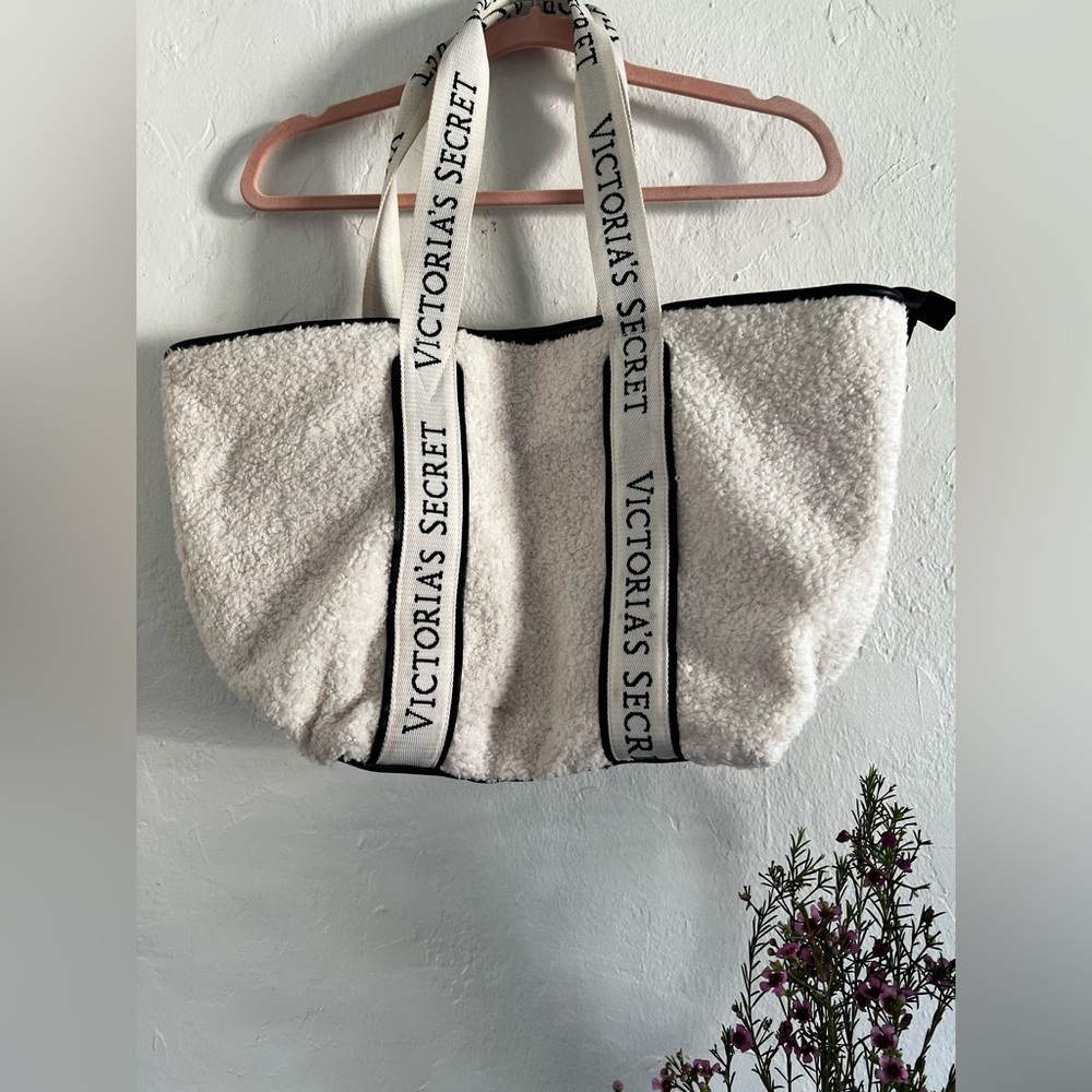 Victoria's Secret Cream Sherpa Tote with Logo Straps